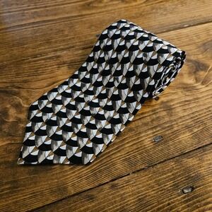 Portofino Le Collezioni 100% Silk Tie Made in USA Black‎ Gold Geometric 56"